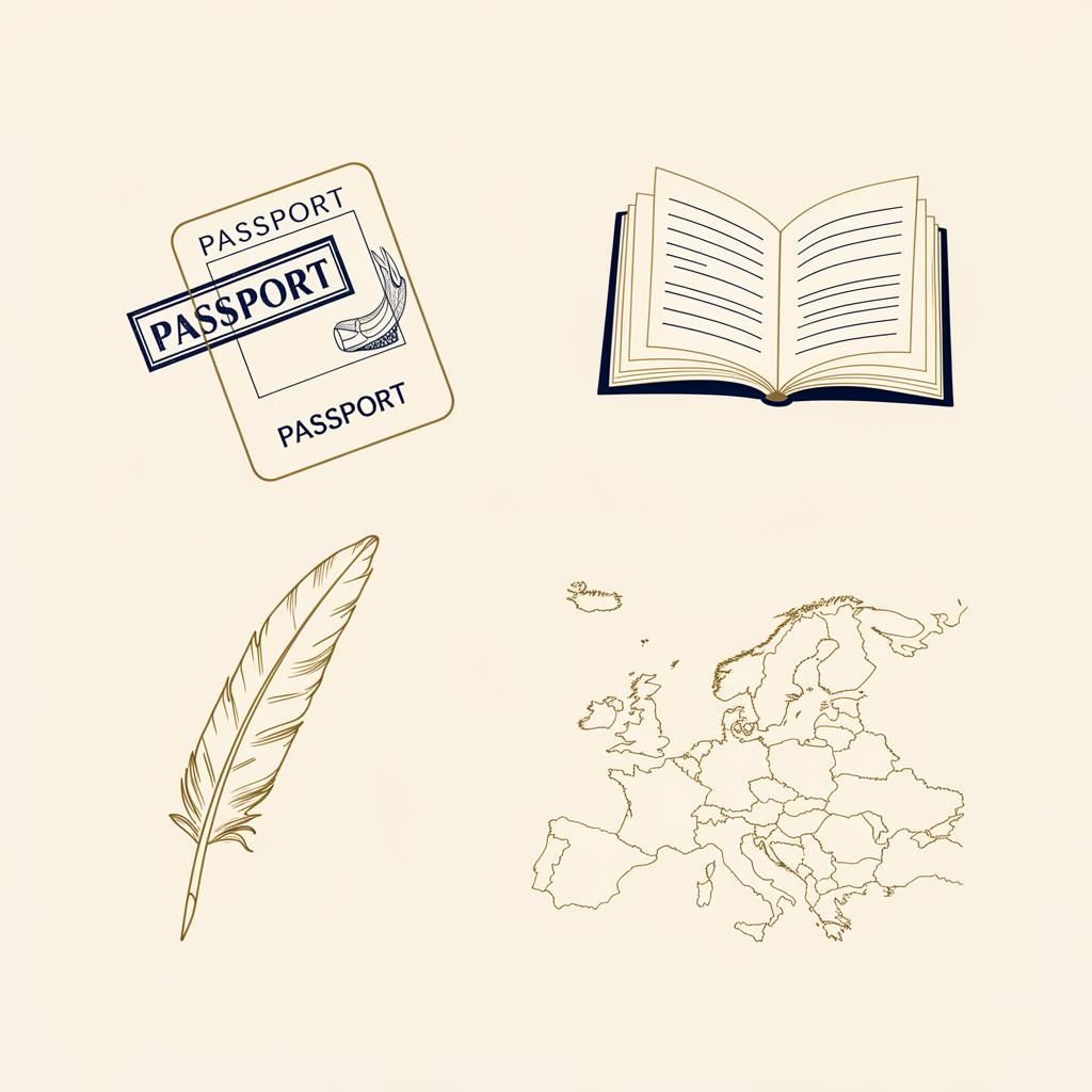 Ilustração: passaporte, livro, mapa da Europa e pena